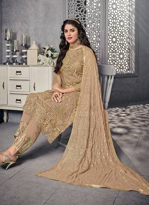 Beige net semi stitched wedding pant suit 2