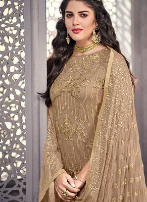 Beige net semi stitched wedding pant suit 3