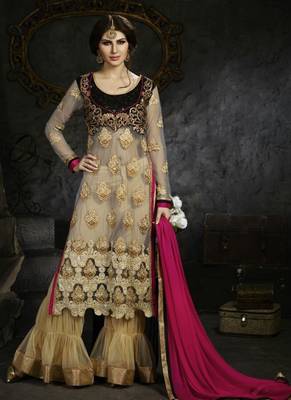 Beige net semi stitched wedding sharara kameez 1