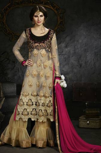 Beige net semi stitched wedding sharara kameez