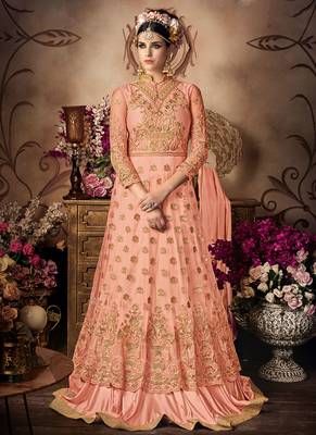 Peach net semi stitched wedding gown anarkali 1