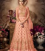 Peach net semi stitched wedding gown anarkali