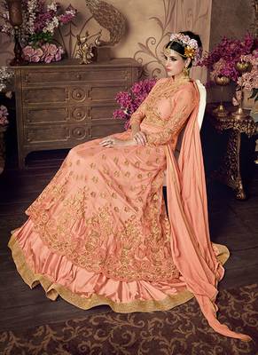 Peach net semi stitched wedding gown anarkali 2
