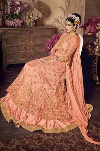 Peach net semi stitched wedding gown anarkali