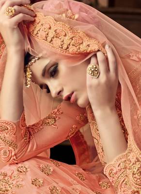 Peach net semi stitched wedding gown anarkali 3