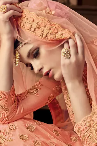 Peach net semi stitched wedding gown anarkali