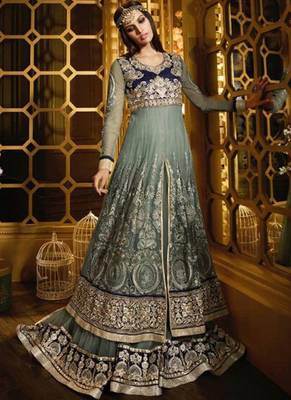 Grey net semi stitched wedding gown anarkali 1