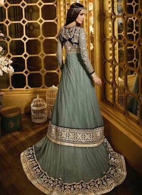 Grey net semi stitched wedding gown anarkali 2