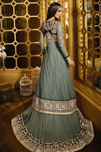 Grey net semi stitched wedding gown anarkali