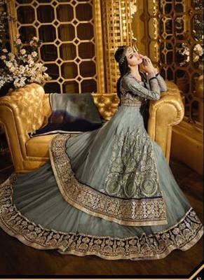 Grey net semi stitched wedding gown anarkali 3