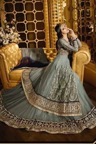 Grey net semi stitched wedding gown anarkali