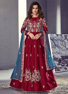 Maroon tussar silk semi stitched wedding gown anarkali 1