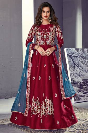 Maroon tussar silk semi stitched wedding gown anarkali