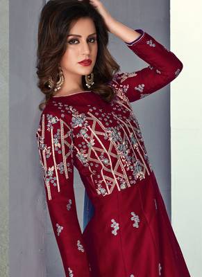 Maroon tussar silk semi stitched wedding gown anarkali 2