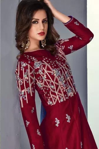 Maroon tussar silk semi stitched wedding gown anarkali