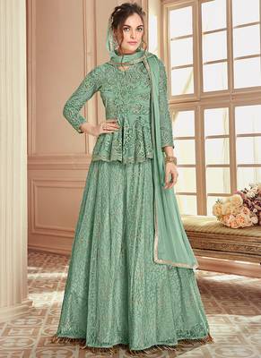 Green net semi stitched wedding designer suit with skirt 1
