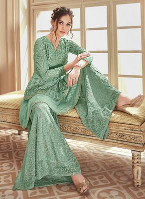 Green net semi stitched wedding designer suit with skirt 2