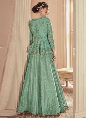 Green net semi stitched wedding designer suit with skirt 3