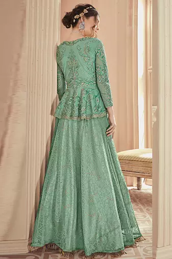 Green net semi stitched wedding designer suit with skirt