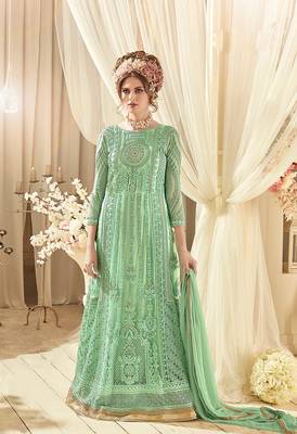 Green net semi stitched wedding floor length anarkali 1