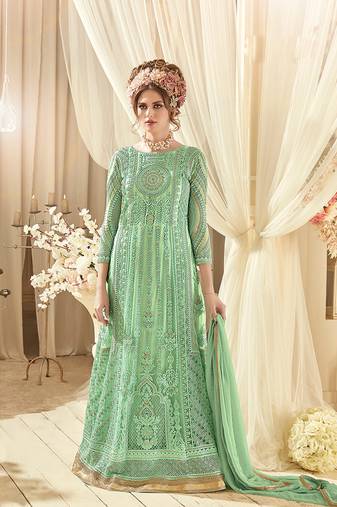 Green net semi stitched wedding floor length anarkali