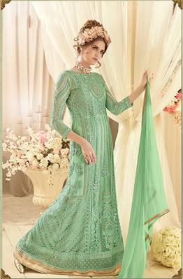 Green net semi stitched wedding floor length anarkali 2
