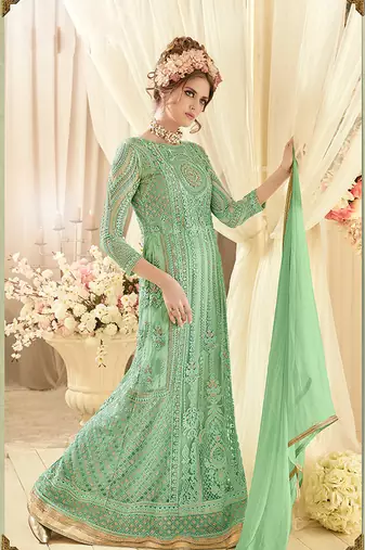 Green net semi stitched wedding floor length anarkali
