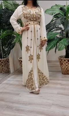 Off White Handcrafted Zari work Stitched Georgette Kaftan Party Dress 3