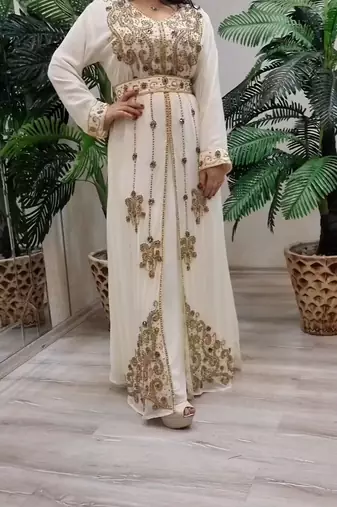 Off White Handcrafted Zari work Stitched Georgette Kaftan Party Dress