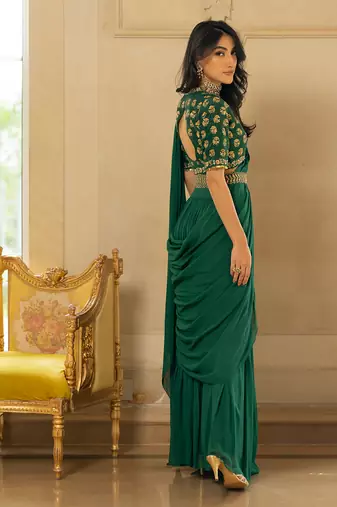 Emerald Green Antique Tone Saree Set