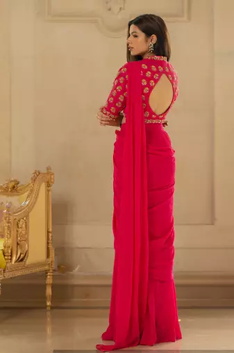 Rani Pink Antique Embroidered Sari Set