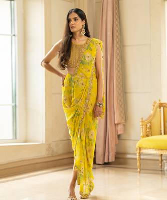 Lime Yellow Floral Printed Saree Set 1