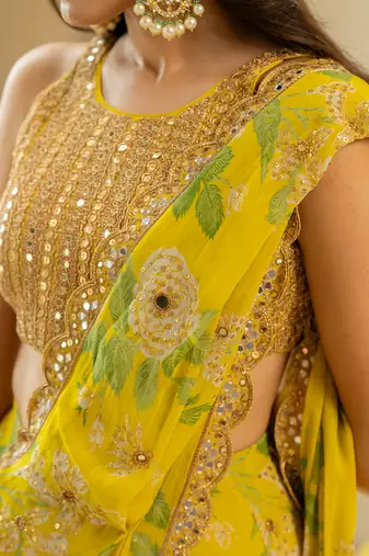 Lime Yellow Floral Printed Saree Set