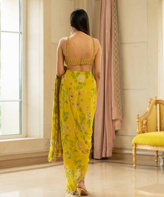 Lime Yellow Floral Printed Saree Set 3