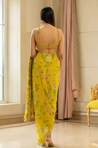 Lime Yellow Floral Printed Saree Set