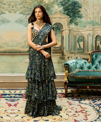 Navy Blue Printed Saree Set 1