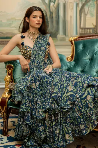 Navy Blue Printed Saree Set