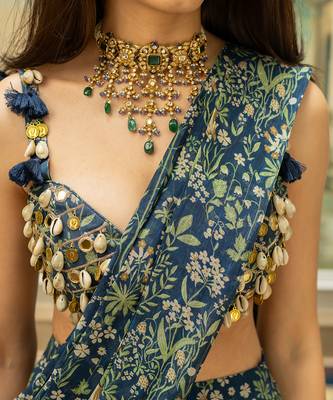 Navy Blue Printed Saree Set 4