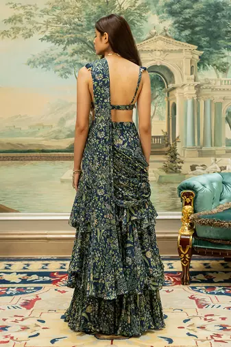 Navy Blue Printed Saree Set