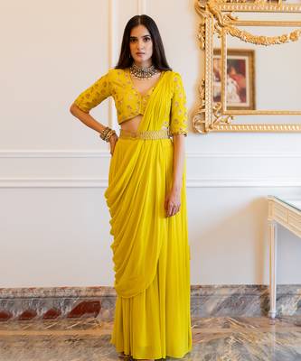 Lime Yellow Antique Embroidered Sari Set 1