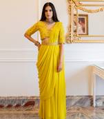 Lime Yellow Antique Embroidered Sari Set