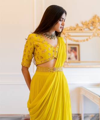 Lime Yellow Antique Embroidered Sari Set 2