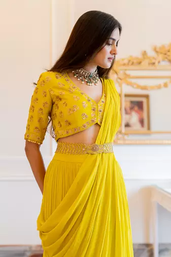 Lime Yellow Antique Embroidered Sari Set