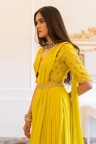Lime Yellow Antique Embroidered Sari Set