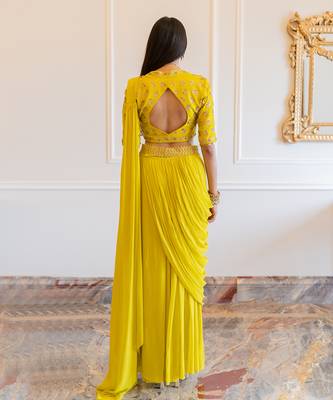 Lime Yellow Antique Embroidered Sari Set 4