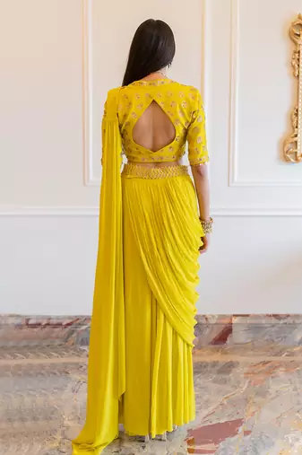 Lime Yellow Antique Embroidered Sari Set