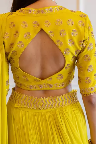 Lime Yellow Antique Embroidered Sari Set