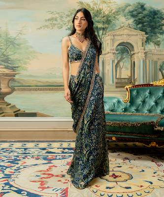 Navy Blue Printed Pre Stitch Saree Set 1
