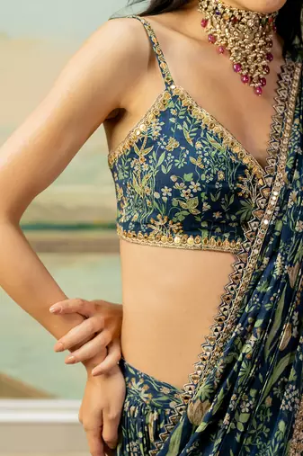 Navy Blue Printed Pre Stitch Saree Set