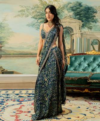 Navy Blue Printed Pre Stitch Saree Set 3